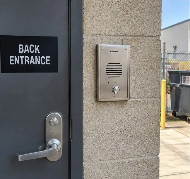 Stainless steel door intercom with a call button mounted on a block wall beside a back entrance door