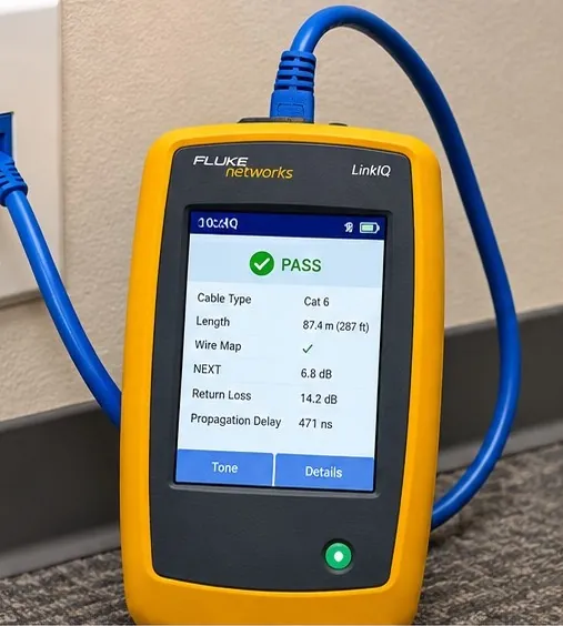 Handheld cable tester connected to a wall jack showing a passing result for a Cat 6 cable run