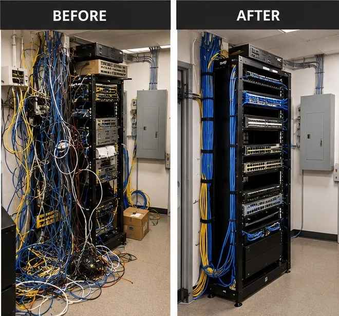 Before and after of a network closet: tangled cables spilling from a rack on the left, the same rack with neatly bundled and labeled cabling on the right