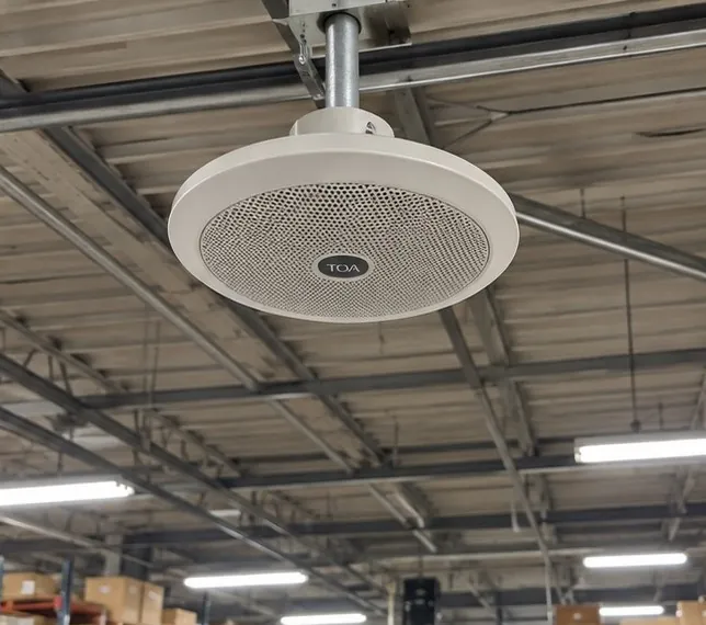 Round overhead paging speaker hanging from the ceiling of a warehouse with shelving below